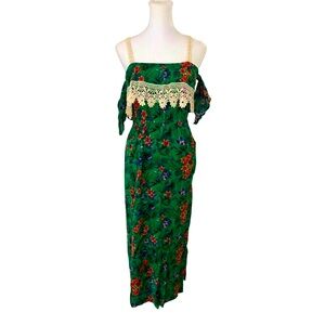 No Boundaries Small Resort Wear Green Floral Print Cold Shoulder Maxi Sundress